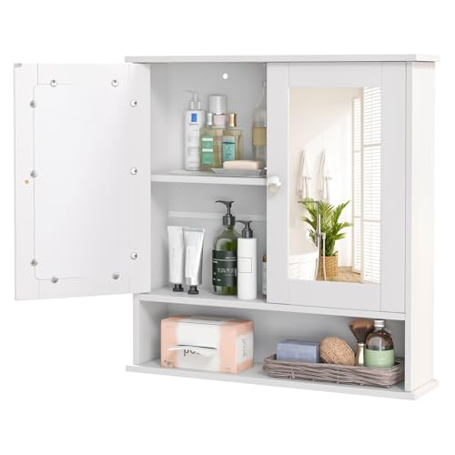 LDAILY Bathroom Wall Cabinet, Over The Toilet Storage Cabinet with Adjustable Shelf and Vanity Mirrored Doors, Medicine Cabinet Mirror, Bathroom Organizers and Storage for Kitchen, Office (White)