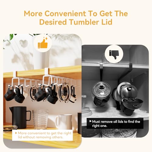 UINOFLE Tumbler Lid Organizer, Space Saving Water Bottle Lid Organizers Under Cabinet Cup Lid Organizers Multi-Purpose Hook for Kitchen Organizer and Storage (White)