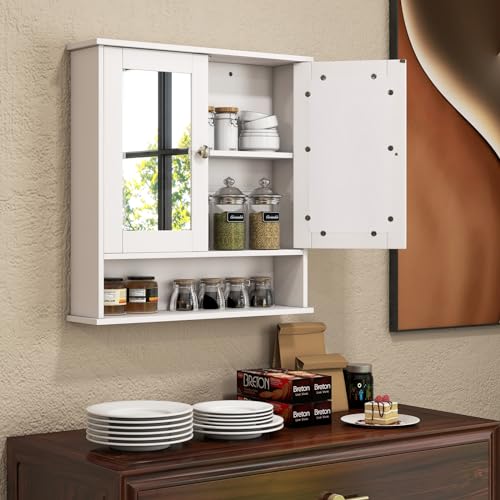 LDAILY Bathroom Wall Cabinet, Over The Toilet Storage Cabinet with Adjustable Shelf and Vanity Mirrored Doors, Medicine Cabinet Mirror, Bathroom Organizers and Storage for Kitchen, Office (White)