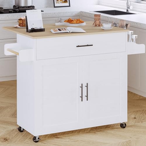 IRONCK Kitchen Island with Storage Drawer and Drop Leaf Countertop, Rolling Kitchen Island on Wheels, with Three Spice Rack Shelves, Cabinet, Kitchen Cart Island Table for Kitchen, White