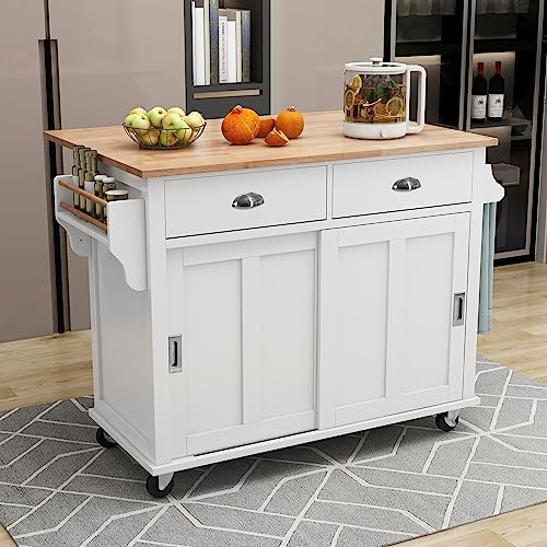 Drop Leaf Kitchen Island, Rolling Kitchen Island Cart on Wheels with Storage, Portable Kitchen Islands with Drawers and Storage Cabinet Door, Large Countertop Island Table for Kitchen (White)