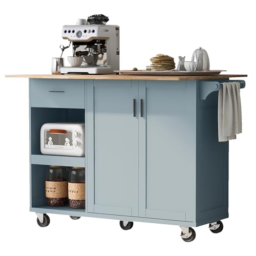 OPULHAUS Kitchen Island with Storage， Rolling Kitchen Island on Wheels with Drop Leaf， Towel Rack and Drawer, Door Cabinet, Drawer, Kitchen Cart Island Table for Kitchen (Grey Blue)