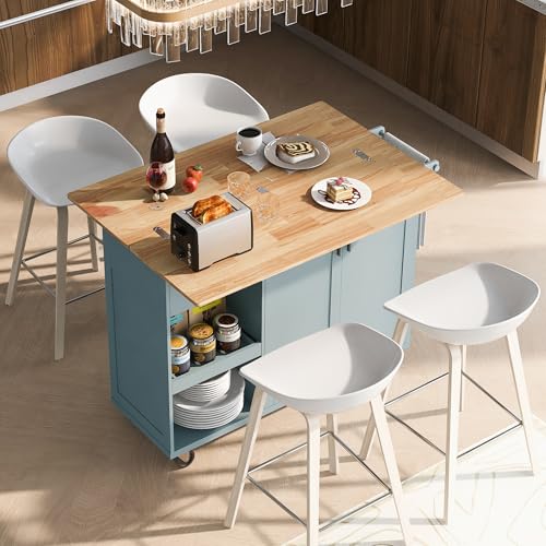 OPULHAUS Kitchen Island with Storage， Rolling Kitchen Island on Wheels with Drop Leaf， Towel Rack and Drawer, Door Cabinet, Drawer, Kitchen Cart Island Table for Kitchen (Grey Blue)