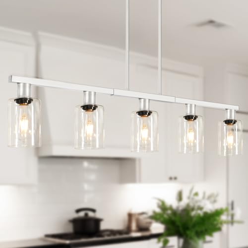 Brushed Nickel 5-Light Kitchen Island Lighting with Clear Glass Shades, Adjustable Island Light for Kitchen, Dining Room Light Fixture Over Table, Kitchen Pendant Lighting for Kitchen Island