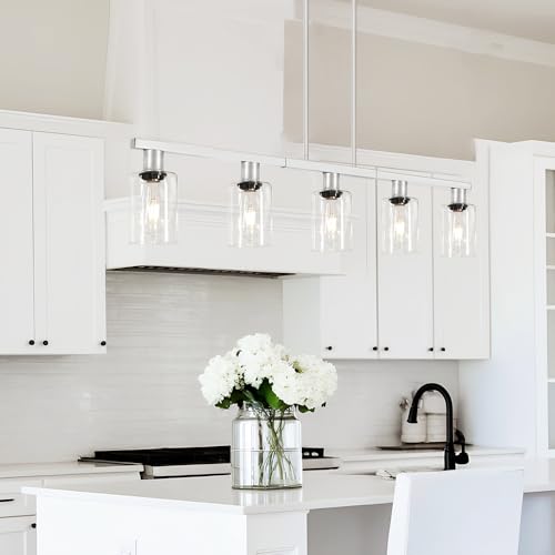 Brushed Nickel 5-Light Kitchen Island Lighting with Clear Glass Shades, Adjustable Island Light for Kitchen, Dining Room Light Fixture Over Table, Kitchen Pendant Lighting for Kitchen Island