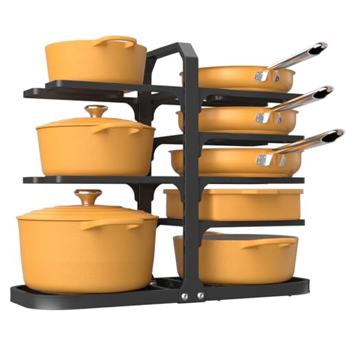 Podxco Pot and Pan Organizer for Under Cabinet, Thickened 8-Tier Adjustable Heavy Duty Pot Organizers Inside Cabinet, Rust-Resistance Pan Organizers Inside Cabinet for Cast-iron Pans, Heavy Skillets