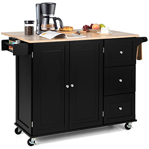 LOKO Kitchen Island Cart with Drop Leaf, Rolling Kitchen Island on Wheels with Rubber Wood Countertop, Towel Rack, Drawers, Kitchen Island with Storage for Kitchen, Dining Room (Black)