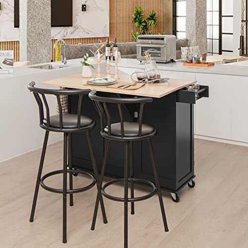LOKO Kitchen Island Cart with Drop Leaf, Rolling Kitchen Island on Wheels with Rubber Wood Countertop, Towel Rack, Drawers, Kitchen Island with Storage for Kitchen, Dining Room (Black)