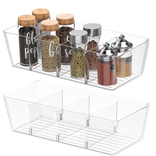 BALEINE Pantry Organizers and Storage Bins, Plastic Clear Storage Bins with 3 Removable Dividers, BPA-Free Fridge Organizers for Kitchen Cabinet Bathroom (10.5x6.1x3.5