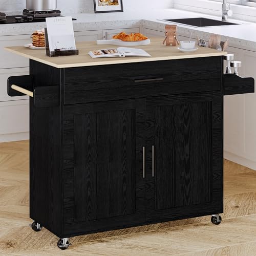 IRONCK Kitchen Island with Storage, Rolling Kitchen Island on Wheels with Drop Leaf, Charging Station