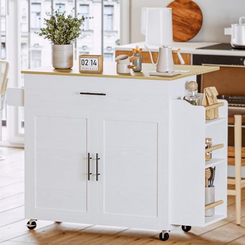IRONCK Kitchen Island with Storage, Rolling Kitchen Island on Wheels with Drop Leaf