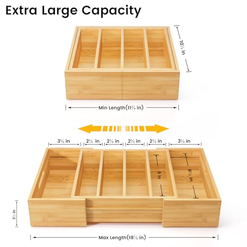 Kiasthome Expandable Bamboo Lid Organizers Inside Cabinet, Kitchen Cabinet Organizers with 3 Adjustable Dividers, Storage Plastic Lids, Food Container Lid Holder Organizer for Drawer Pantry, Nature