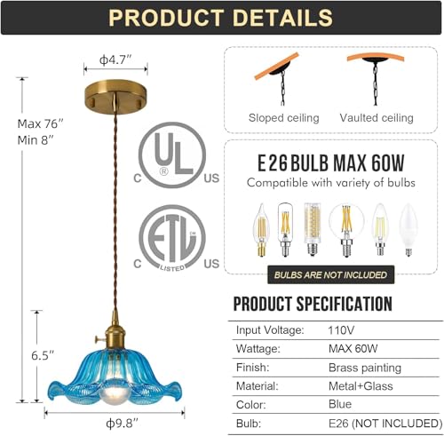 ACDXLK Kitchen Island Glass Pendant Lights, Blue Light Fixtures, Kitchen Island Pendant Lights, Schoolhouse, Entry, Foyer,.