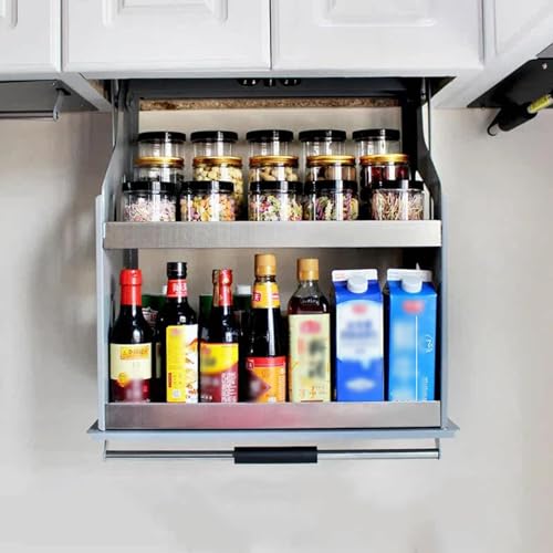 JOMRTS Upper Cabinet Pull Down Shelf, Convenient Heavy-Duty 2-Tier Wall Pull Down Shelf, High Cabinet Lifting and Folding Organizers Cabinet (60cm Cabinet H 52cm)
