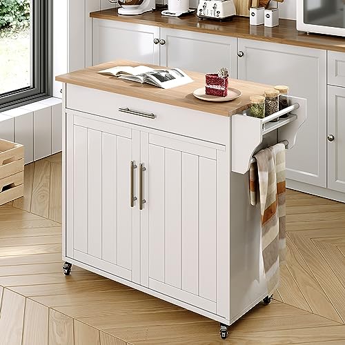 Portaforta Kitchen Storage Island, Wooden Rolling Kitchen Island On Wheels with Wood Top, Mobile Kitchen Island Cart with Towel Rack, Spice Rack and Drawers, White