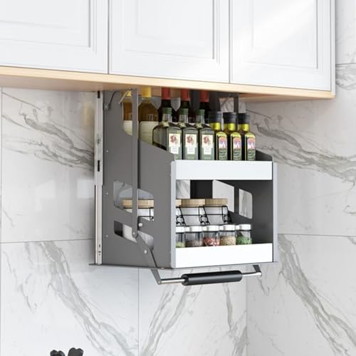 JOMRTS Upper Cabinet Pull Down Shelf, Convenient Heavy-Duty 2-Tier Wall Pull Down Shelf, High Cabinet Lifting and Folding Organizers Cabinet (45cm Cabinet H 62cm)