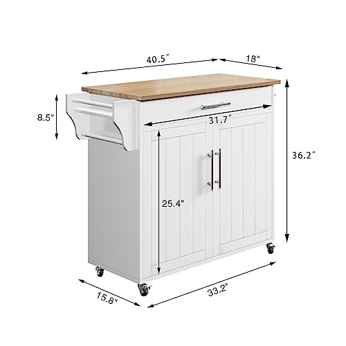 Portaforta Kitchen Storage Island, Wooden Rolling Kitchen Island On Wheels with Wood Top, Mobile Kitchen Island Cart with Towel Rack, Spice Rack and Drawers, White