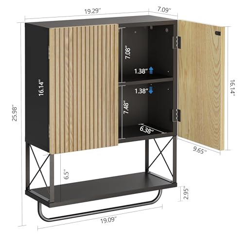 HOKYHOKY Bathroom Wall Medicine Cabinet, Fluted Hanging Wall Mounted Cabinet with Towel Bar, Above Toilet Storage Cabinet for Bathroom Organizers and Storage, Medium Size, Black