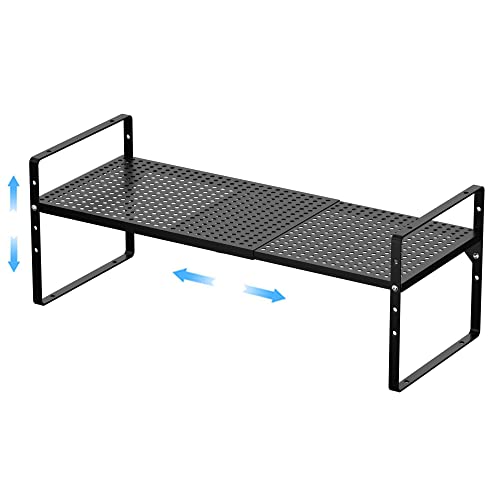 GEDLIRE Expandable Kitchen Cabinet Shelf Organizers, Stackable Metal Pantry Storage Shelves Rack, Adjustable Counter Spice Shelf for Cabinets, Countertop, Cupboard Organizers and Storage, Black