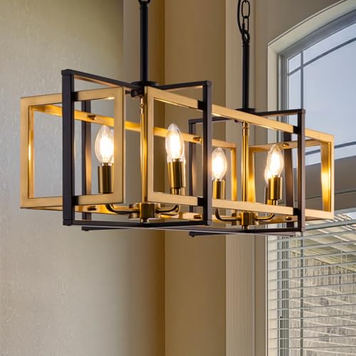 TOCHIC 8-Light Kitchen Island Lighting Black and Gold Rectangular Farmhouse Chandelier, Modern Linear Chandelier Island Lights for Kitchen, Kitchen Island, Dining Room
