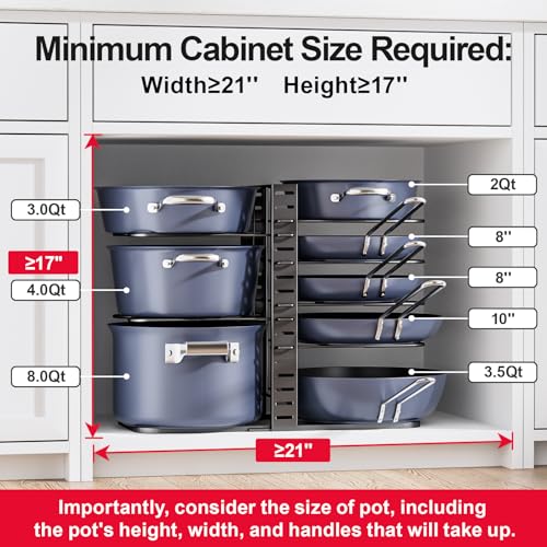 ORDORA Pots and Pans Organizer under Cabinet 14.55 Height, Adjustable 8-Tier Pot Organizers inside Cabinet, Kitchen Organizers and Storage Fit 6