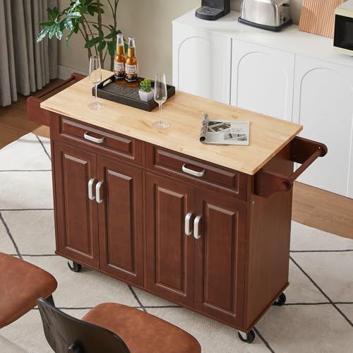 LUMISOL Kitchen Island with 2 Drawers, Rolling Kitchen Island Cart on Wheels, Kitchen Island Table with 2 Storage Cabinets,Towel Rack and Spice Rack, Brown