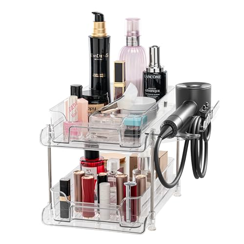 LKEUYUI 2 Tier Bathroom Organizer Countertop,Makeup and Skincare Organizers,Pull-out Bathroom Organizers and Storage with Hair Dryer Holder for Bath, Bedroom, Cabinet