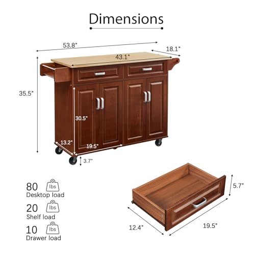 LUMISOL Kitchen Island with 2 Drawers, Rolling Kitchen Island Cart on Wheels, Kitchen Island Table with 2 Storage Cabinets,Towel Rack and Spice Rack, Brown