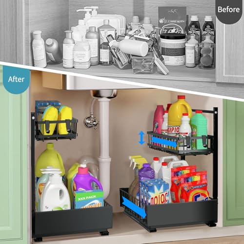 sagetta Black Under Sink Organizers with Sliding Rails Under Kitchen Sink Organizers and Storage Pull out Kitchen Cabinet Organizer Height Adjustable Cabinet Storage Shelves Two Tiers