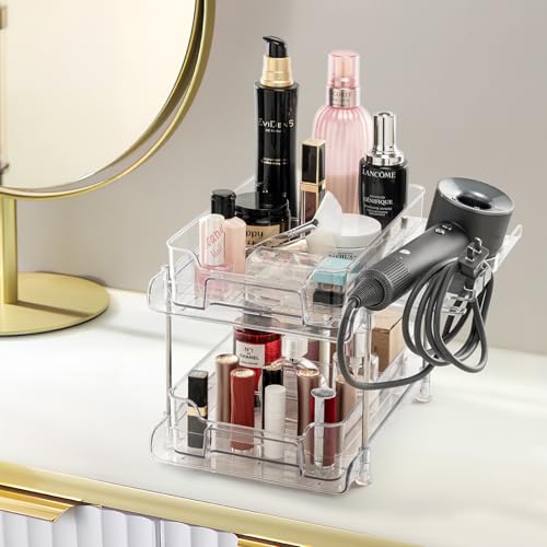 LKEUYUI 2 Tier Bathroom Organizer Countertop,Makeup and Skincare Organizers,Pull-out Bathroom Organizers and Storage with Hair Dryer Holder for Bath, Bedroom, Cabinet