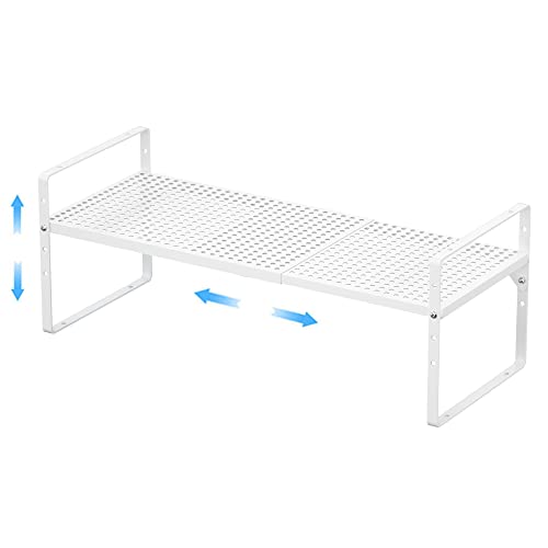 GEDLIRE Expandable Kitchen Cabinet Shelf Organizers, Stackable Metal Pantry Storage Shelves Rack, Adjustable Counter Spice Shelf for Cabinets, Countertop, Cupboard Organizers and Storage, White