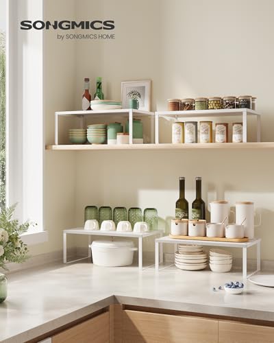 SONGMICS Spice Racks, Set of 2 Metal Cabinet Shelf Organizers, Countertop Organizers, Shelf Risers, Stackable, Expandable
