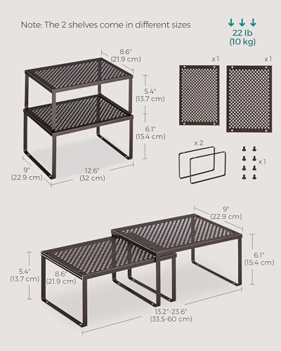 SONGMICS Spice Racks, Set of 2 Metal Cabinet Shelf Organizers, Countertop Organizers, Shelf Risers, Stackable, Expandable