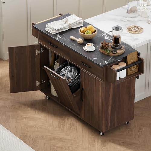 Kitchen Island Cart,Kitchen Island with Trash Can Storage Cabinet, Kitchen Cart with Drop Leaf, Spice Rack, Towel Rack and Drawer, Rolling Kitchen Island on Wheels with Adjustable Shelf (Walnut Brown)
