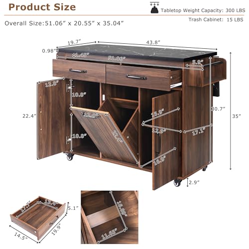Kitchen Island Cart,Kitchen Island with Trash Can Storage Cabinet, Kitchen Cart with Drop Leaf, Spice Rack, Towel Rack and Drawer, Rolling Kitchen Island on Wheels with Adjustable Shelf (Walnut Brown)
