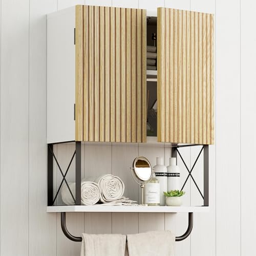 HOKYHOKY Bathroom Wall Medicine Cabinet, Fluted Hanging Wall Mounted Cabinet with Towel Bar, Above Toilet Storage Cabinet for Bathroom Organizers and Storage, White