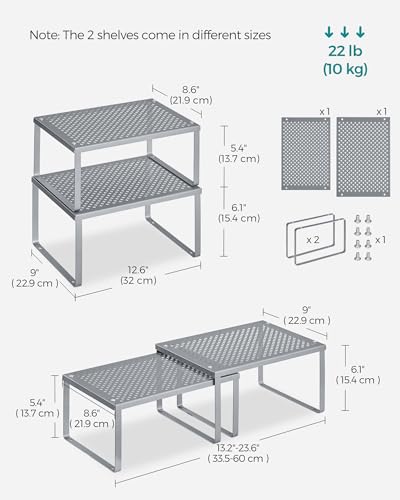 SONGMICS Spice Racks, Set of 2 Metal Cabinet Shelf Organizers, Countertop Organizers, Shelf Risers, Stackable, Expandable
