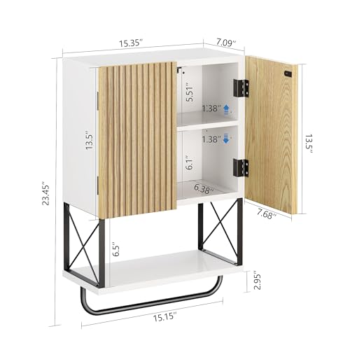 HOKYHOKY Bathroom Wall Medicine Cabinet, Fluted Hanging Wall Mounted Cabinet with Towel Bar, Above Toilet Storage Cabinet for Bathroom Organizers and Storage, White
