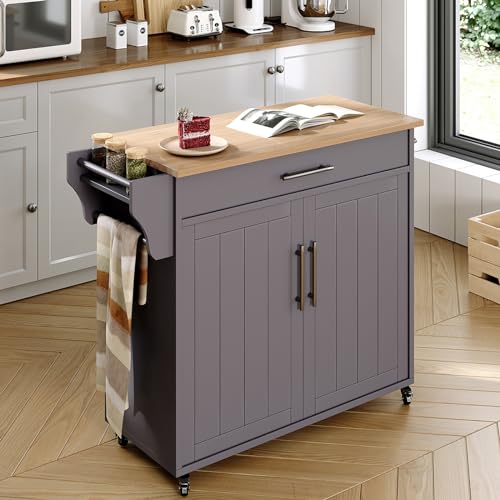Kitchen Island with Storage, Wooden Countertop Rolling Kitchen Island On Wheels Storage Cabinet, Mobile Kitchen Island Cart with Towel Rack, Spice Rack and Drawers, Grey