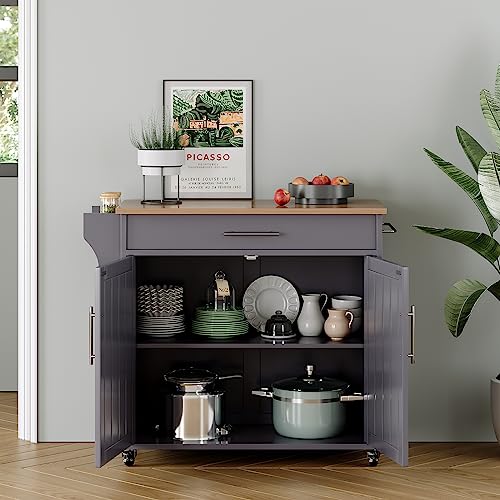 Kitchen Island with Storage, Wooden Countertop Rolling Kitchen Island On Wheels Storage Cabinet, Mobile Kitchen Island Cart with Towel Rack, Spice Rack and Drawers, Grey