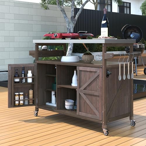 Merax Wood Outdoor Kitchen Island, Stainless Steel Kitchen Island with Storage for Grill Rolling Kitchen Island, Bar Coffee Storage Carts for Dinning Room, Dark Brown