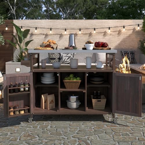 Merax Wood Outdoor Kitchen Island, Stainless Steel Kitchen Island with Storage for Grill Rolling Kitchen Island, Bar Coffee Storage Carts for Dinning Room, Dark Brown
