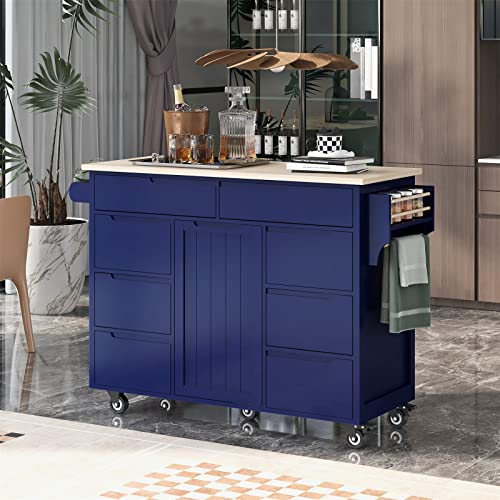 i-POOK Kitchen Island with Storage, Kitchen Island on Wheels with 8 Handle-Free Drawers, Modern Rolling Kitchen Island Cart Including a Flatware Organizer, Blue