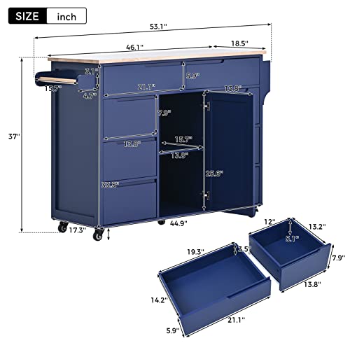 i-POOK Kitchen Island with Storage, Kitchen Island on Wheels with 8 Handle-Free Drawers, Modern Rolling Kitchen Island Cart Including a Flatware Organizer, Blue