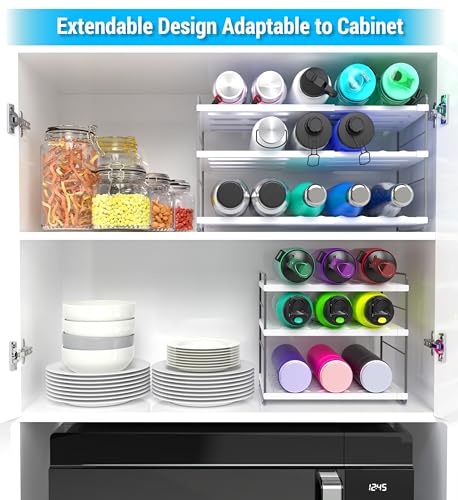 YAN & HIN 2 Packs Cabinet Organizer Extendable Kitchen Cabinet Organizer with Adjustable Height 3-Tier Water Stanley Bottle Holder 15 Bottles Pantry Pantry Organizers Cup Rack for Cabinet