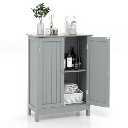 COSTWAY Bathroom Storage Cabinet, Freestanding Bathroom Organizers and Storage with Doors & Adjustable Shelf, Wooden Floor Cabinet for Home, Living Room, Entryway, Kitchen (Grey)