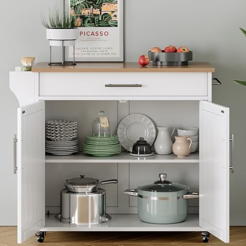 Soscana Kitchen Storage Island, Wooden Rolling Kitchen Island On Wheels with Wood Top, Mobile Kitchen Island Cart with Towel Rack, Spice Rack and Drawers, White