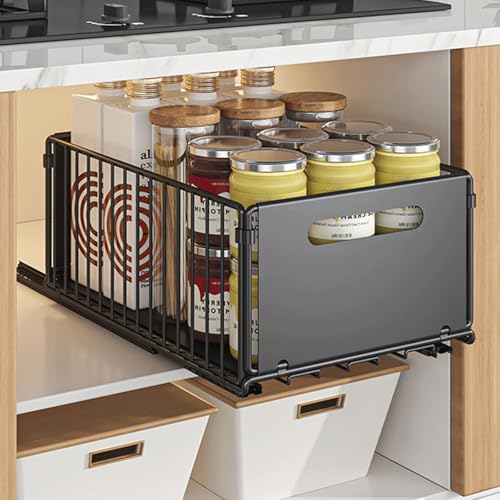 Topjia Pull Out Cabinet Organizer,Slide Out Drawers for Kitchen Cabinet,Sliding Kitchen Organizers for Kitchen Cabinets, Pantry, Bathroom(9.65 * 14.76 * 7.48in, Black)