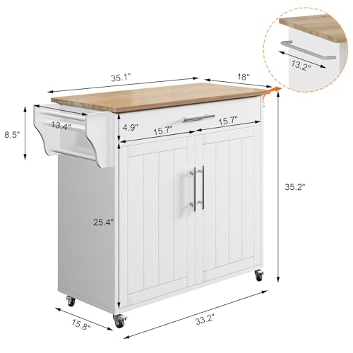 Soscana Kitchen Storage Island, Wooden Rolling Kitchen Island On Wheels with Wood Top, Mobile Kitchen Island Cart with Towel Rack, Spice Rack and Drawers, White
