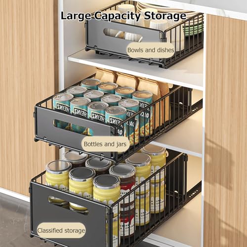 Topjia Pull Out Cabinet Organizer,Slide Out Drawers for Kitchen Cabinet,Sliding Kitchen Organizers for Kitchen Cabinets, Pantry, Bathroom(9.65 * 14.76 * 7.48in, Black)